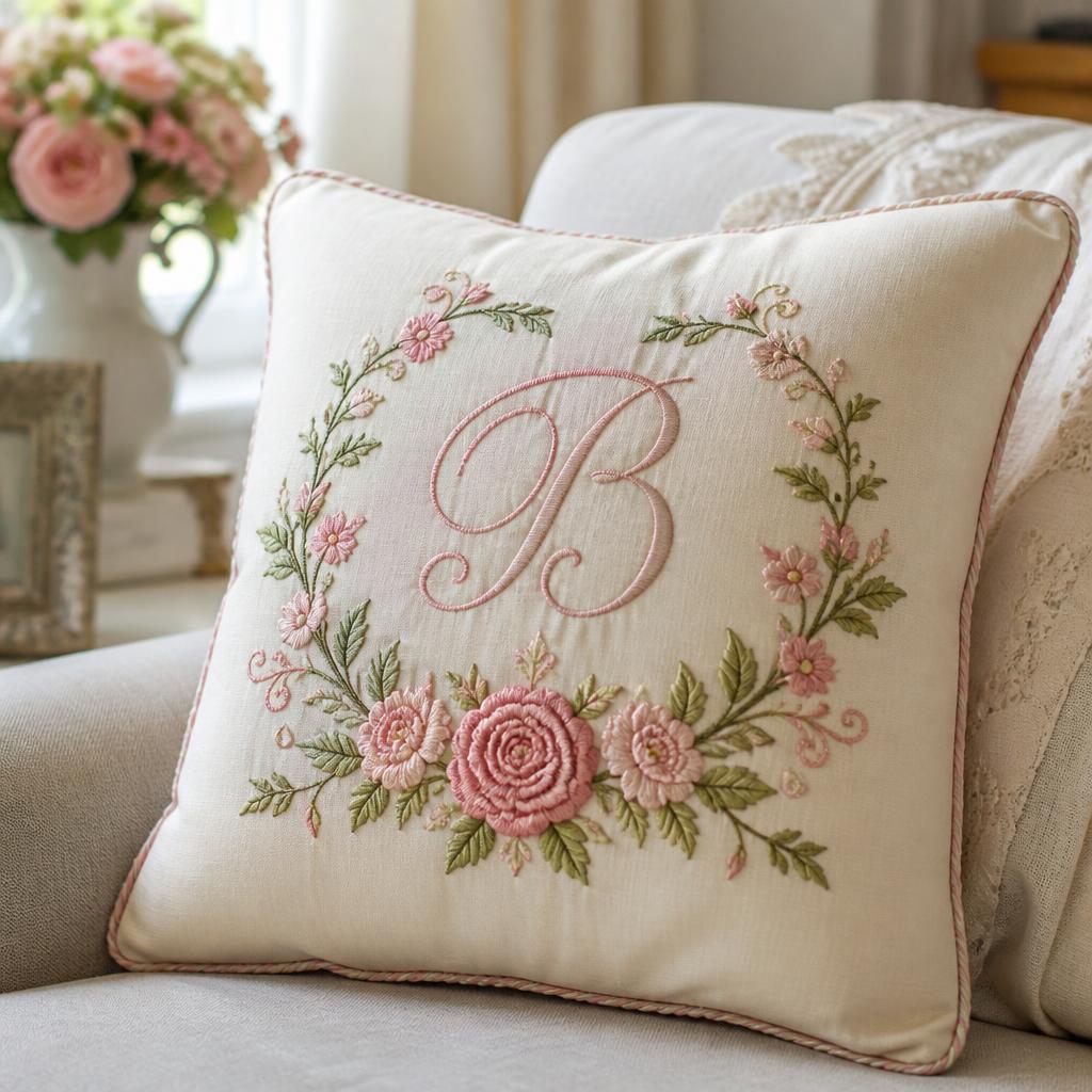 Cojín decorativo con monograma bordado y flores