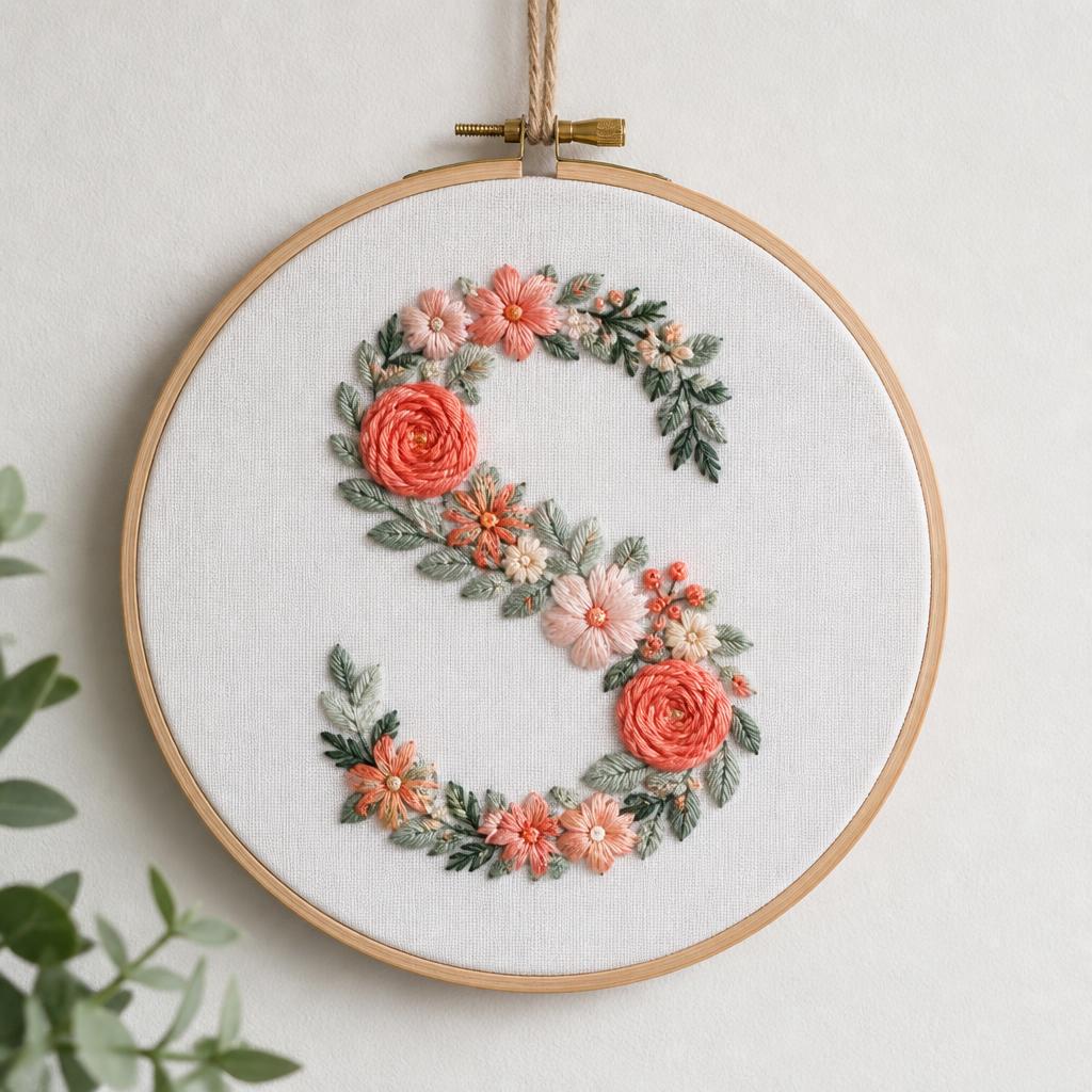 Letra S bordada con flores coral en bastidor colgante