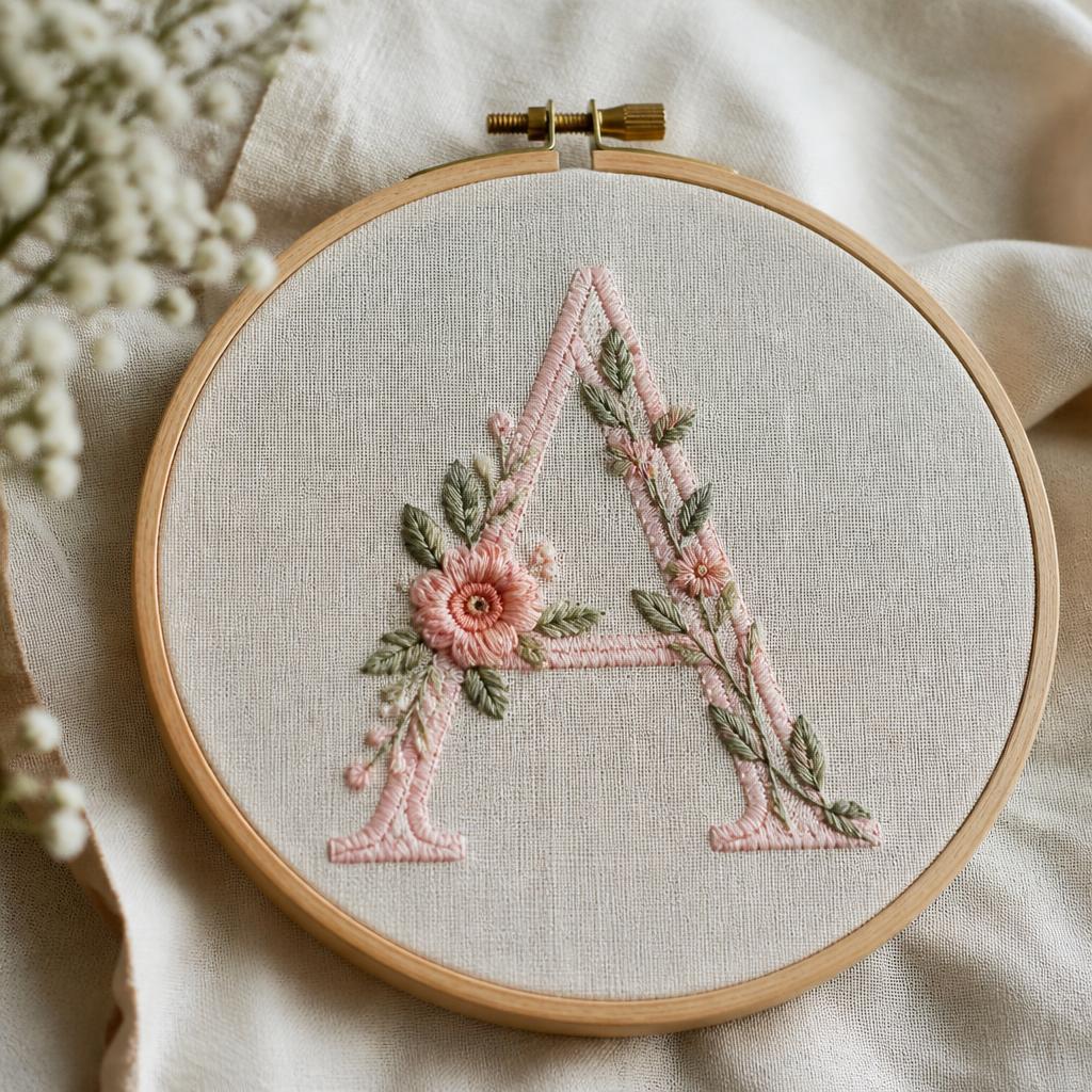 Letra A bordada en bastidor con flores rosadas