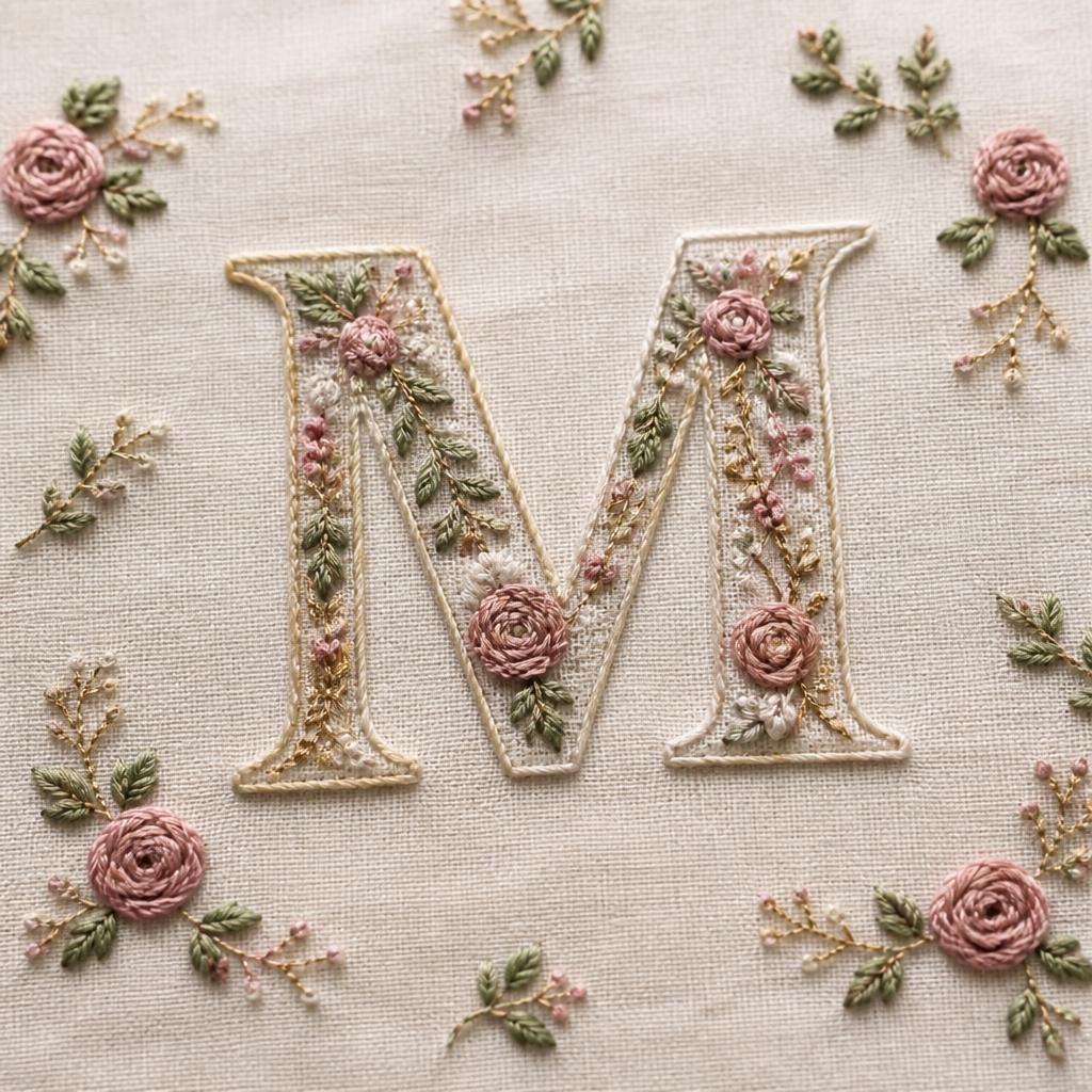 Letra M bordada con rosas sobre lino natural